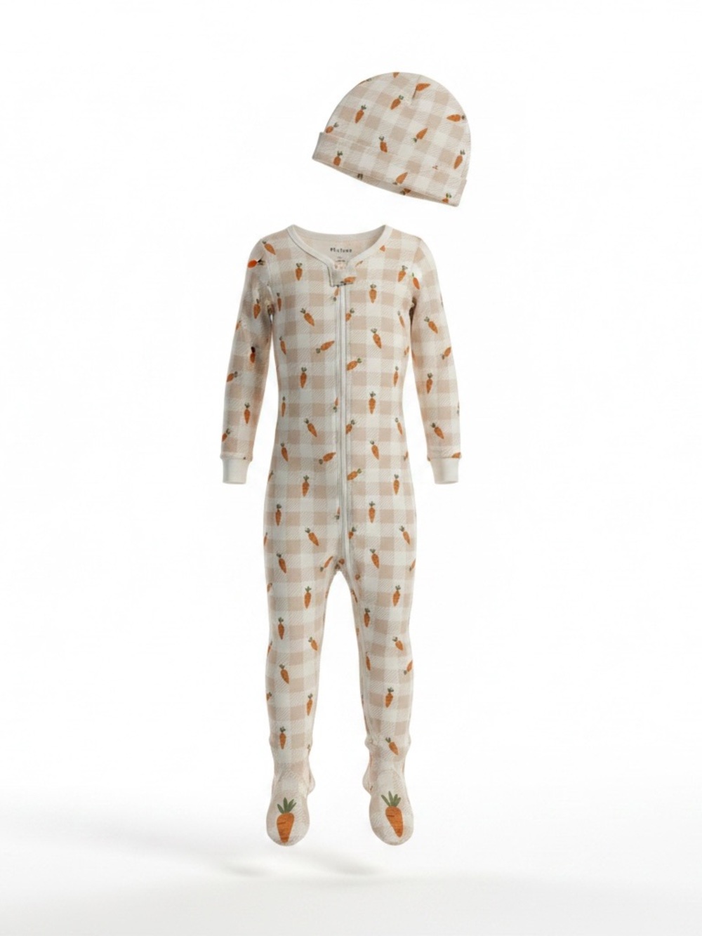 PL Sleep Cream Check Carrot Print Footed One-Piece with Hat
